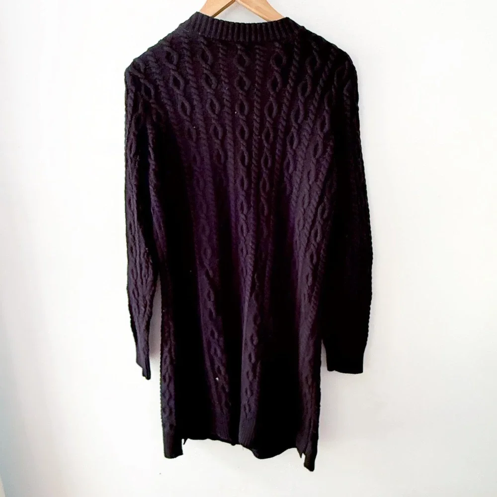 Denim & Co Cardigan Sweater Womens Medium Black Cable Knit Longline Fisherman